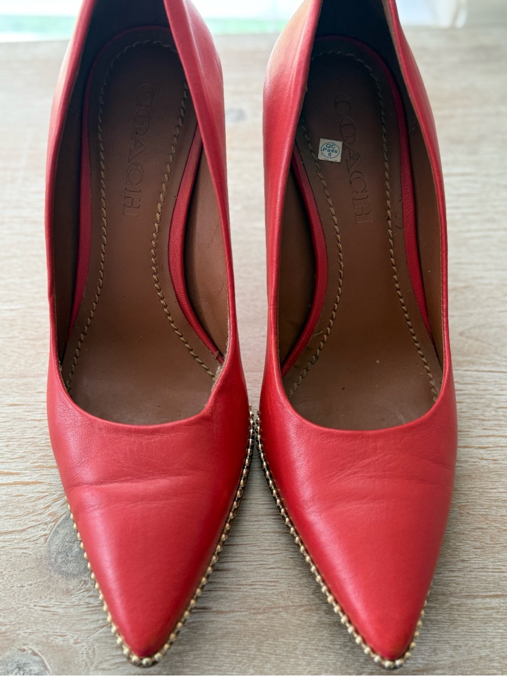 Coach Red Leather Pointed Toe Pumps Gold Stud Trim Heels Size 7